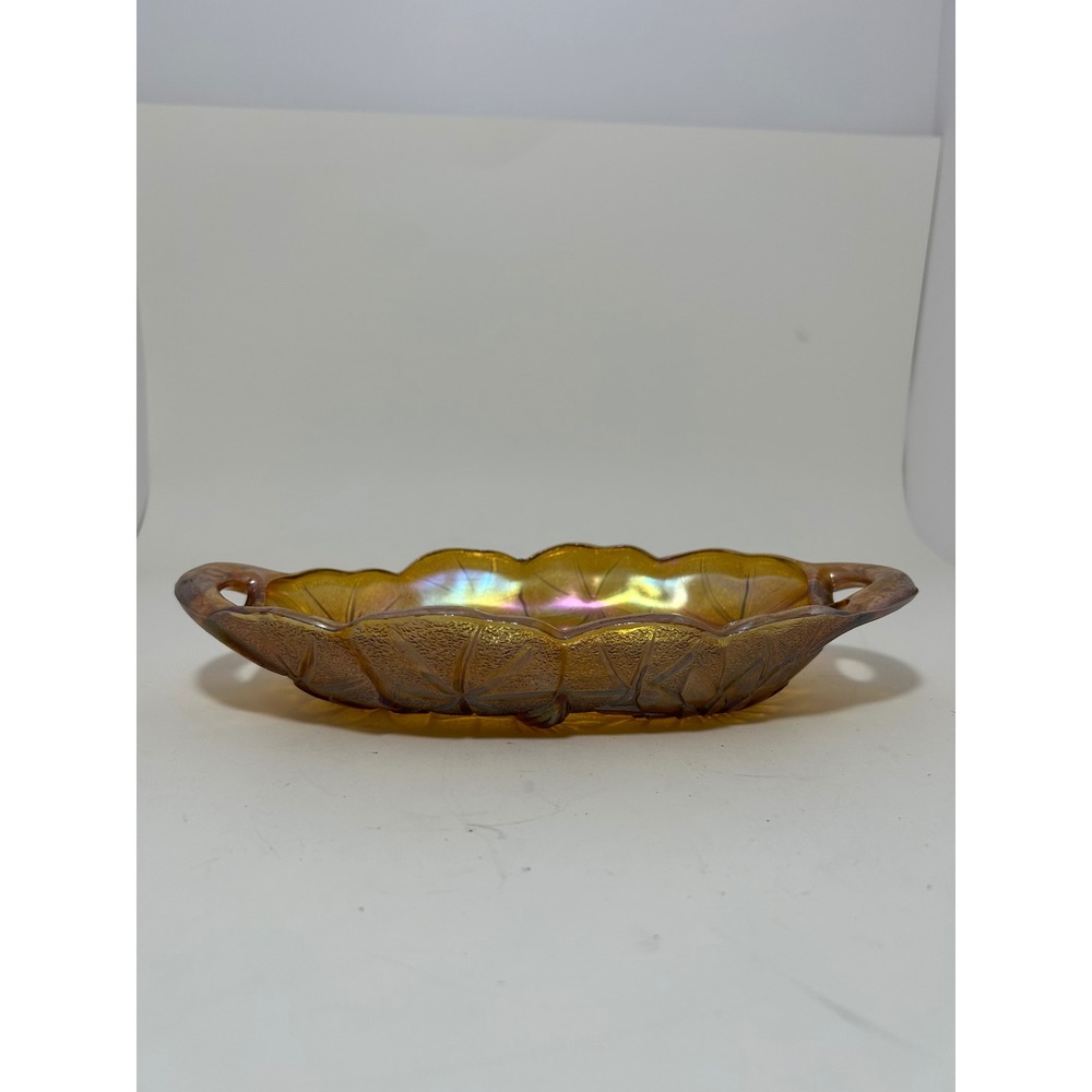 Indiana Glass Sunflower Amber Carnival Glass Relish Dish Iridescent Oval Bowl